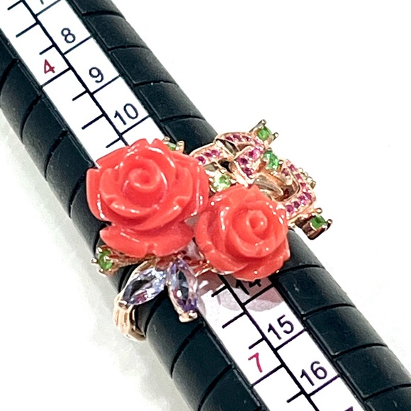 Jewelry - Natural Coral Emerald Aquamarine Garnet 14KGP Ring